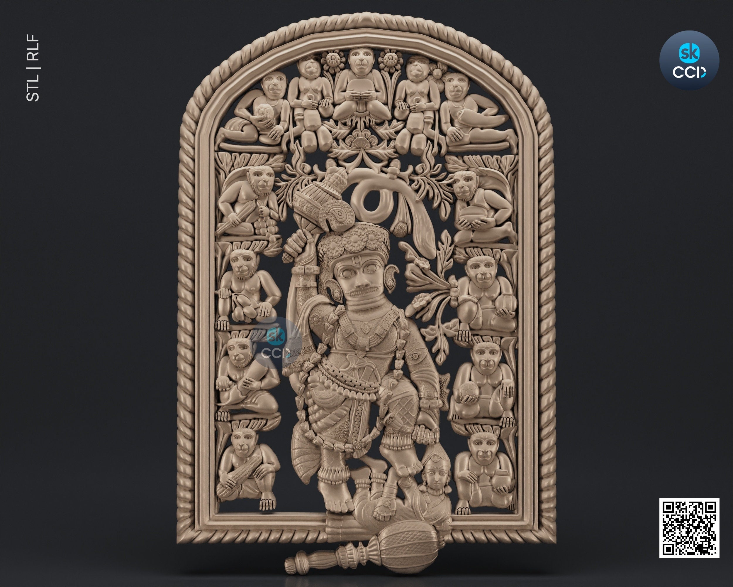 Sarangpur Hanumanji STL Model Hindu Lord Wood Carvign Model CNC Router File 3D Print Model Wood Art Wall Decor 3D1073