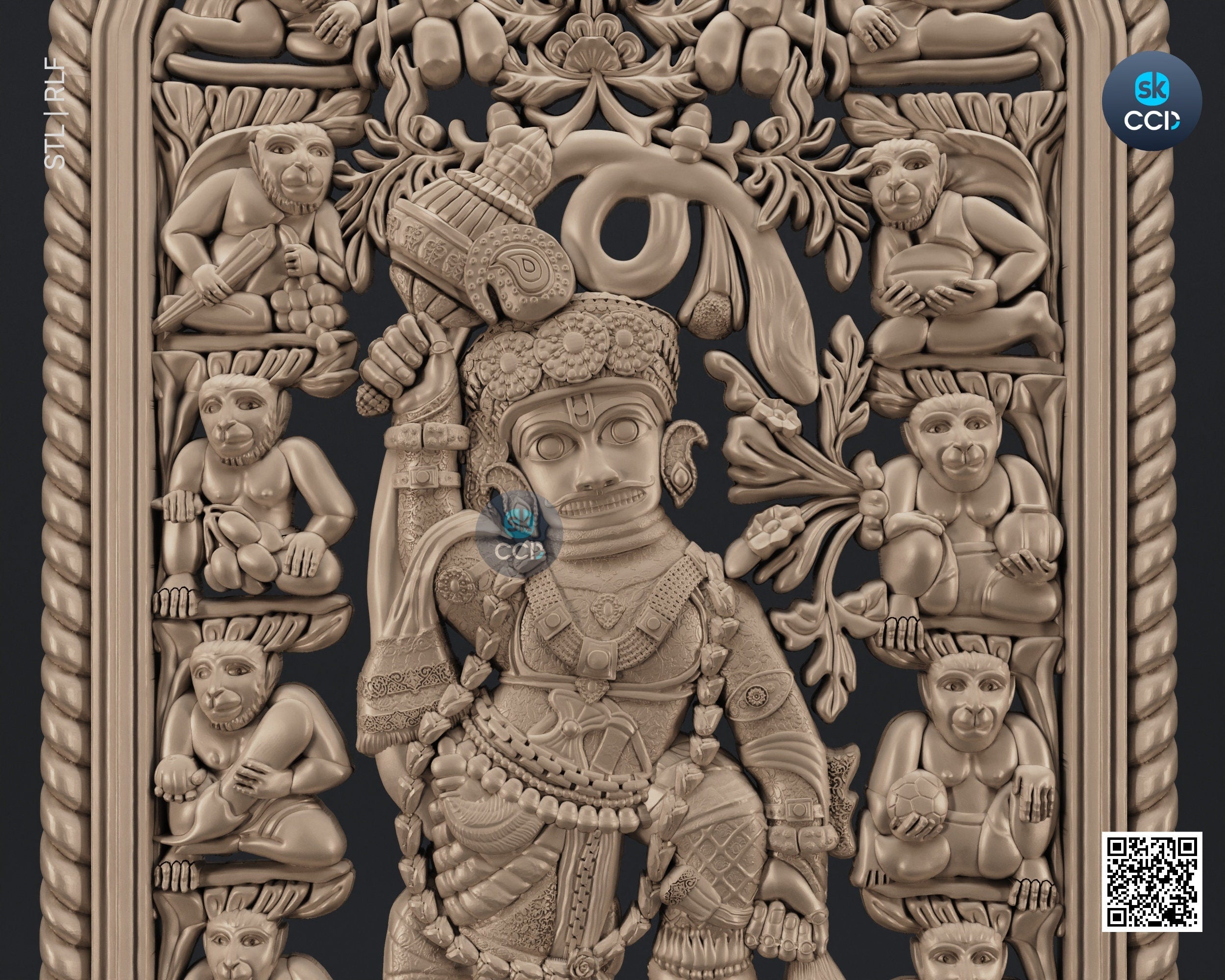 Sarangpur Hanumanji STL Model Hindu Lord Wood Carvign Model CNC Router File 3D Print Model Wood Art Wall Decor 3D1073